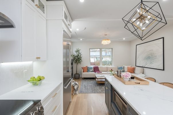 Chandelier, Interior, Kitchen, Living room, Recessed Lighting, Stainless Steel Appliances, Wood Texture Flooring