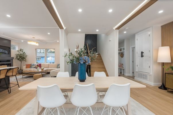 Chandelier, Dining room, Fireplace, Interior, Living room, Recessed Lighting, Wood Texture Flooring