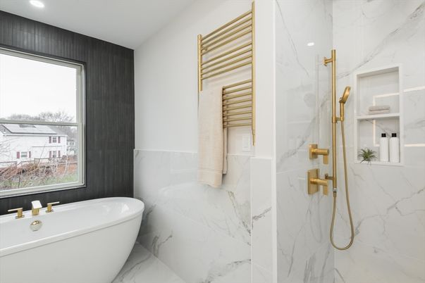 Bathroom, Free Standing Baths, Glass Shower, Interior, Marble, Marble Walls, Recessed Lighting