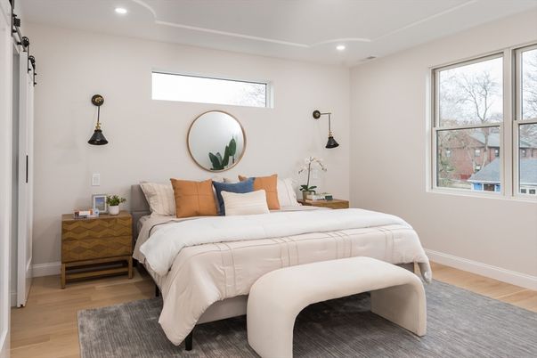 Bedroom, Interior, Recessed Lighting, Wood Texture Flooring