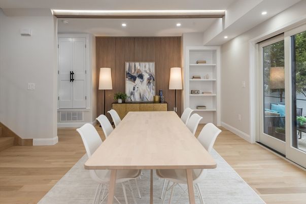 Dining room, Interior, Recessed Lighting, Wood Texture Flooring