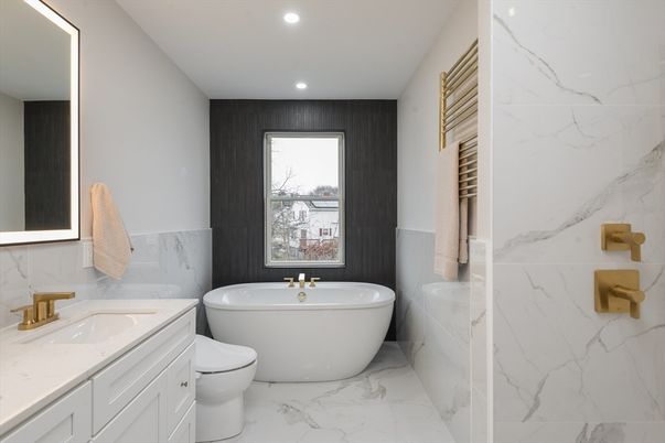 Bathroom, Dual Sink Vanities, Free Standing Baths, Interior, Marble, Marble Walls, Recessed Lighting