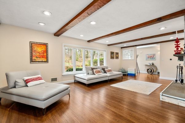 Interior, Living room, Recessed Lighting, Wooden Beams, Wood Texture Flooring