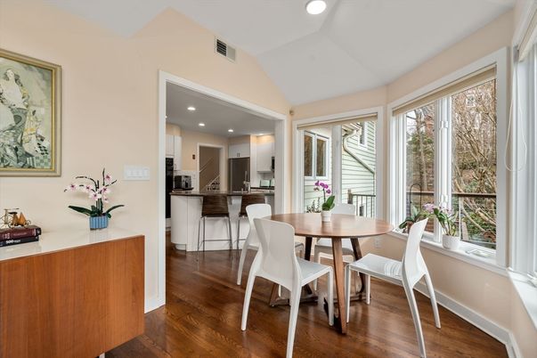 Dining room, Interior, Kitchen, Recessed Lighting, Stainless Steel Appliances, Wood Texture Flooring
