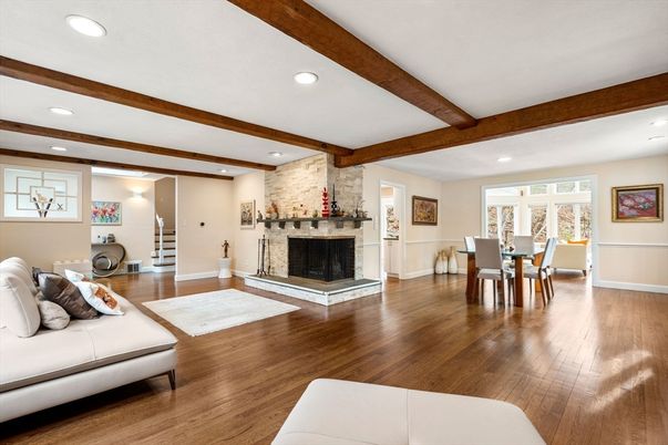 Dining room, Fireplace, Interior, Recessed Lighting, Stone Walls, Wooden Beams, Wood Texture Flooring