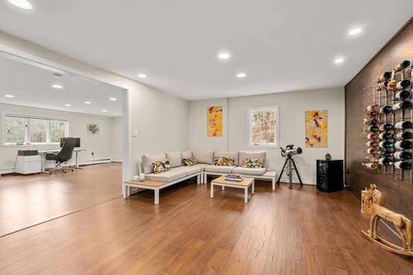 Interior, Living room, Recessed Lighting, Wine Storage, Wood Texture Flooring
