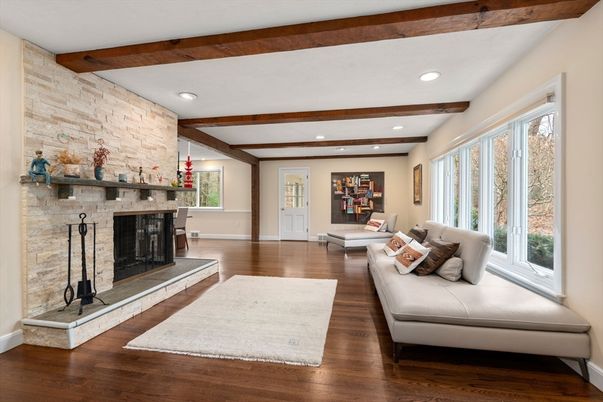 Fireplace, Interior, Living room, Recessed Lighting, Stone Walls, Wooden Beams, Wood Texture Flooring