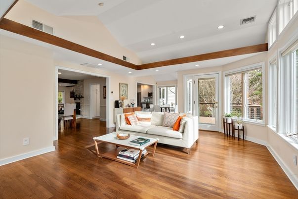 Dining room, Interior, Living room, Recessed Lighting, Wood Texture Flooring