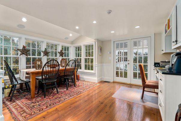 Dining room, Interior, Recessed Lighting, Wood Texture Flooring