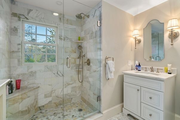 Bathroom, Glass Shower, Interior, Marble Walls, Recessed Lighting