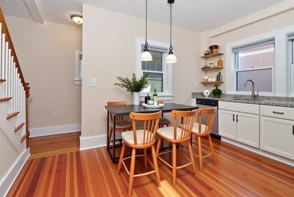 Dining room, Interior, Kitchen, Pendant Lights, Wood Texture Flooring