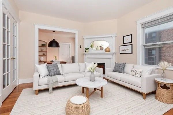 Dining room, Fireplace, Interior, Living room, Pendant Lights, Wood Texture Flooring