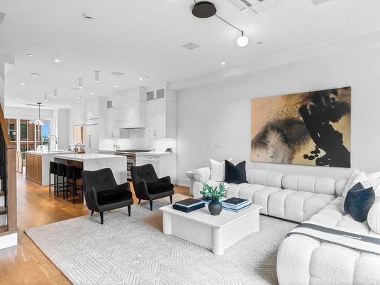 Interior, Kitchen, Living room, Marble Walls, Pendant Lights, Recessed Lighting, Wood Texture Flooring