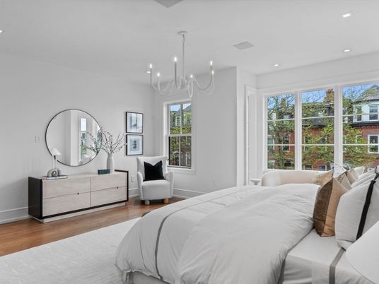 Bedroom, Chandelier, Interior, Recessed Lighting, Wood Texture Flooring