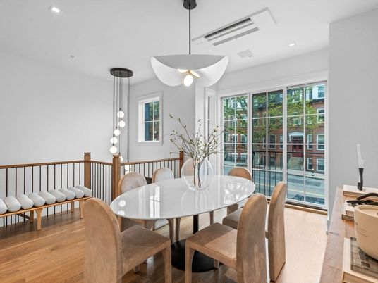 Dining room, Interior, Pendant Lights, Recessed Lighting, Wood Texture Flooring