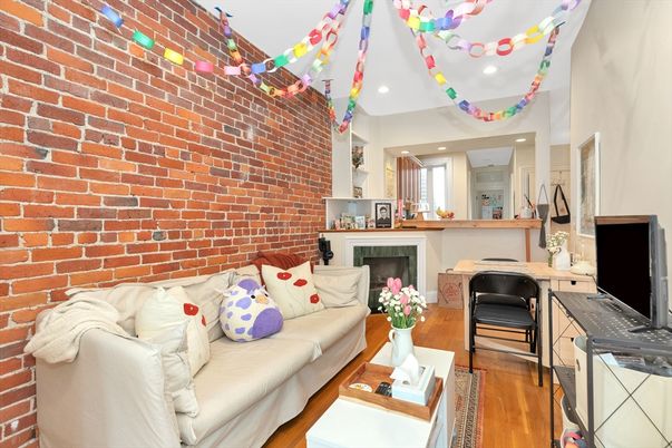 Fireplace, Interior, Kitchen, Living room, Recessed Lighting, Stone Walls, Wood Texture Flooring