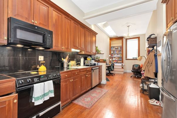 Chandelier, Interior, Kitchen, Stainless Steel Appliances, Wood Texture Flooring