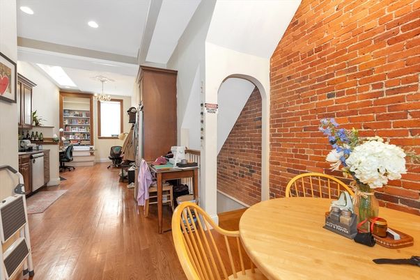 Chandelier, Dining room, Interior, Recessed Lighting, Stone Walls, Wood Texture Flooring
