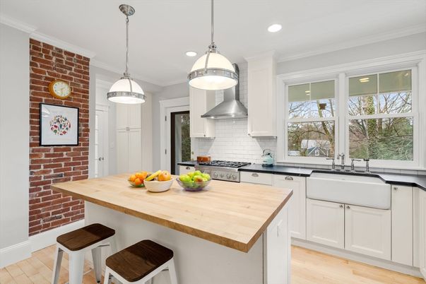 Interior, Kitchen, Pendant Lights, Recessed Lighting, Stainless Steel Appliances, Stone Walls, Wood Texture Flooring