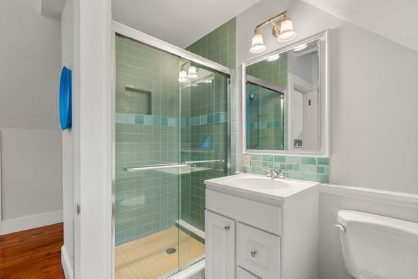Bathroom, Glass Shower, Interior, Wood Texture Flooring