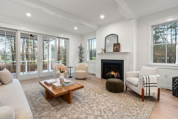 Fireplace, Interior, Living room, Recessed Lighting, Wood Texture Flooring