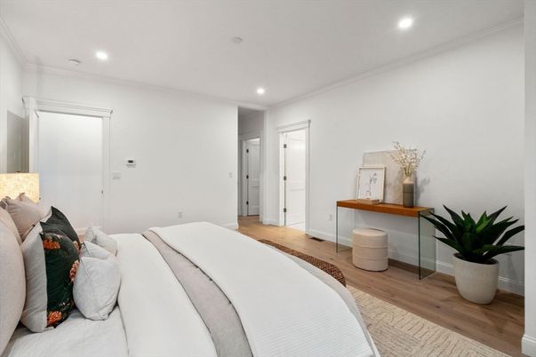 Bedroom, Interior, Recessed Lighting, Wood Texture Flooring