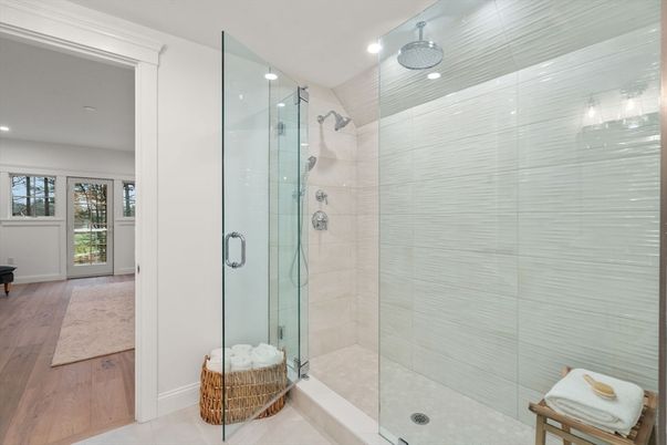 Bathroom, Glass Shower, Interior, Recessed Lighting, Wood Texture Flooring