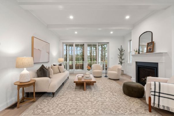 Fireplace, Interior, Living room, Recessed Lighting, Wood Texture Flooring