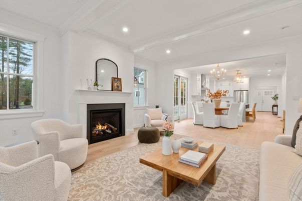 Chandelier, Dining room, Fireplace, Interior, Kitchen, Living room, Pendant Lights, Recessed Lighting, Wood Texture Flooring