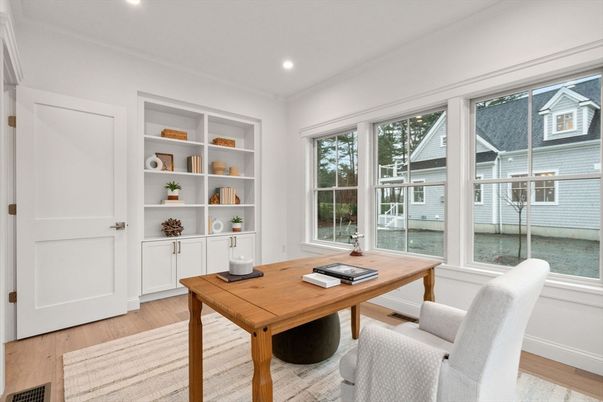 Home Office, Interior, Recessed Lighting, Water, Wood Texture Flooring