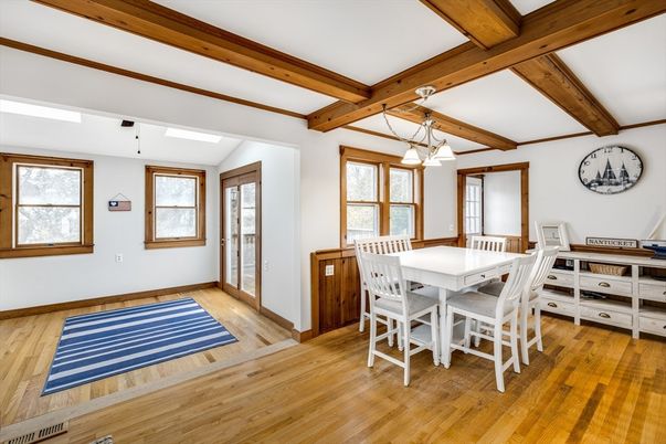 Dining room, Interior, Pendant Lights, Wooden Beams, Wood Texture Flooring