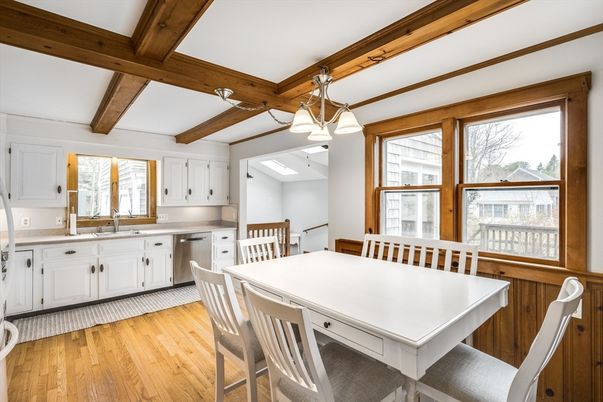 Dining room, Interior, Kitchen, Pendant Lights, Stainless Steel Appliances, Wooden Beams, Wood Texture Flooring
