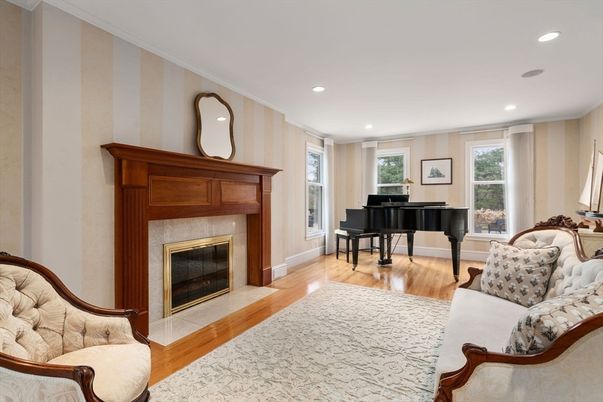 Fireplace, Interior, Piano, Recessed Lighting, Wood Texture Flooring