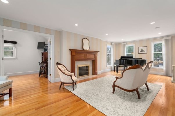 Fireplace, Interior, Piano, Recessed Lighting, Wood Texture Flooring