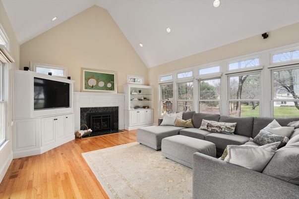 Fireplace, Interior, Living room, Recessed Lighting, Wood Texture Flooring
