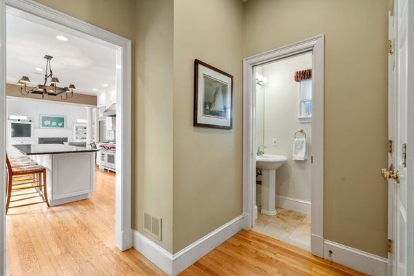 Bathroom, Chandelier, Interior, Kitchen, Recessed Lighting, Wood Texture Flooring
