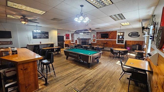Billiard Table, Dining room, Game Room, Interior, Pendant Lights, Wood Texture Flooring