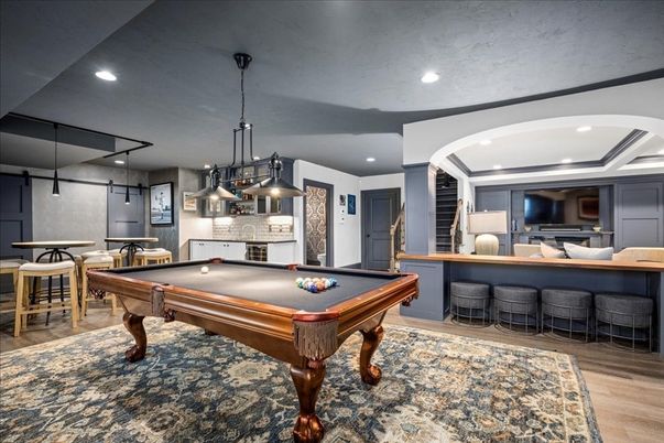 Billiard Table, Game Room, Interior, Pendant Lights, Recessed Lighting, Wood Texture Flooring