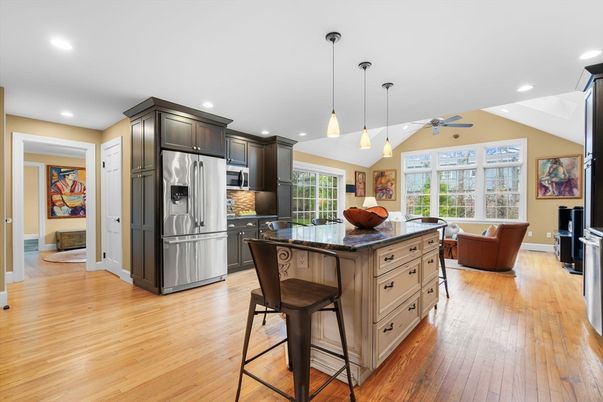 Interior, Kitchen, Living room, Pendant Lights, Recessed Lighting, Stainless Steel Appliances, Wood Texture Flooring