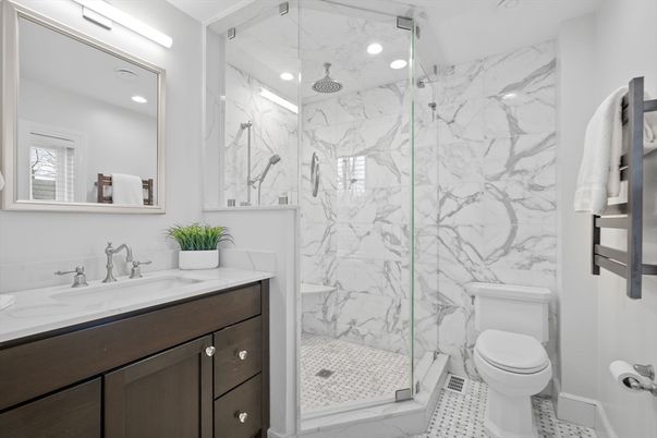 Bathroom, Glass Shower, Interior, Marble Walls, Recessed Lighting