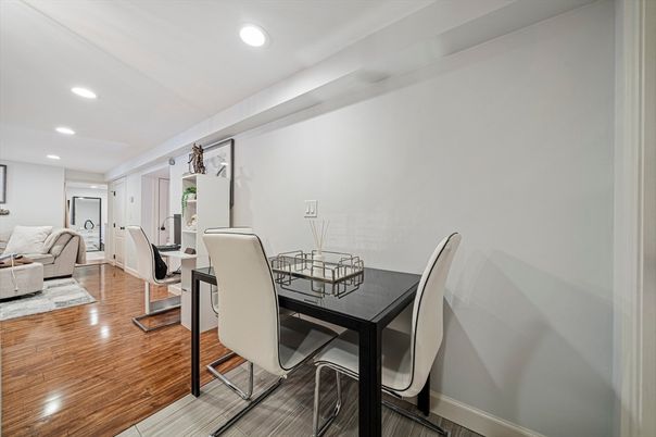 Dining room, Interior, Living room, Recessed Lighting, Wood Texture Flooring