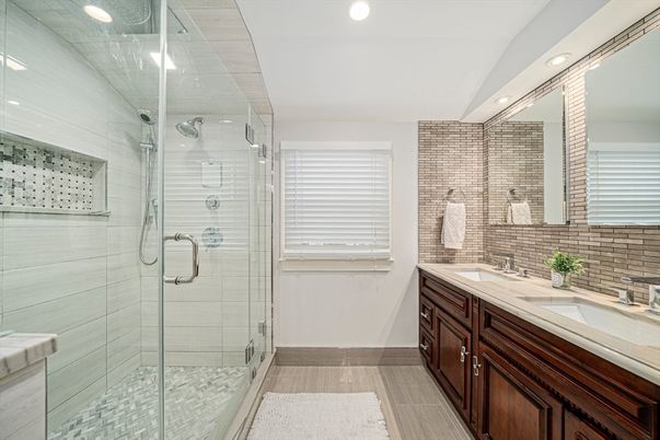 Bathroom, Dual Sink Vanities, Glass Shower, Interior, Recessed Lighting, Wood Texture Flooring