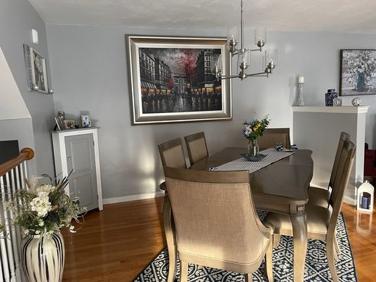 Dining room, Interior, Pendant Lights, Wood Texture Flooring