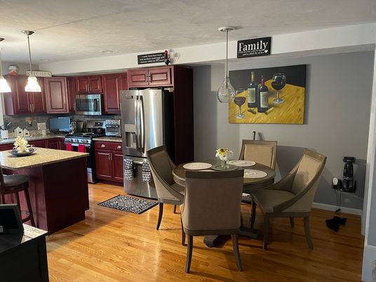 Dining room, Interior, Kitchen, Pendant Lights, Stainless Steel Appliances, Wood Texture Flooring