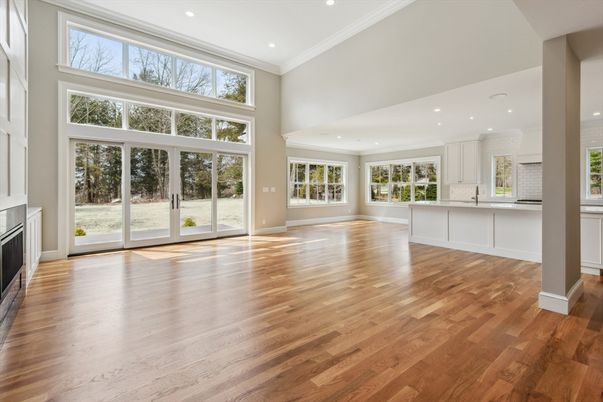 Empty room, Fireplace, Interior, Kitchen, Recessed Lighting, Wood Texture Flooring
