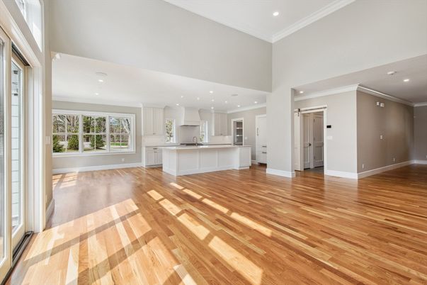 Empty room, Interior, Kitchen, Recessed Lighting, Wood Texture Flooring