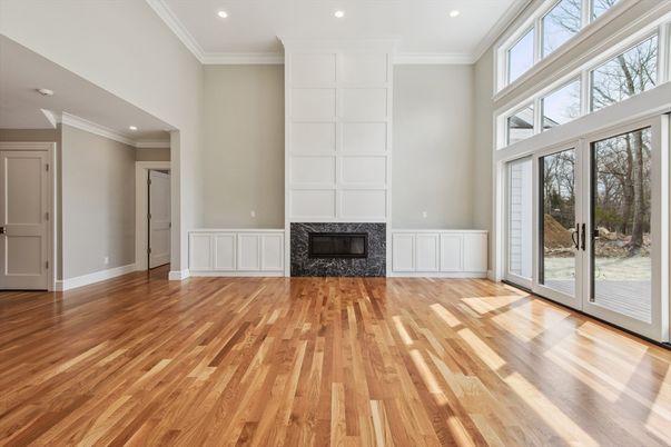 Empty room, Fireplace, Interior, Recessed Lighting, Wood Texture Flooring