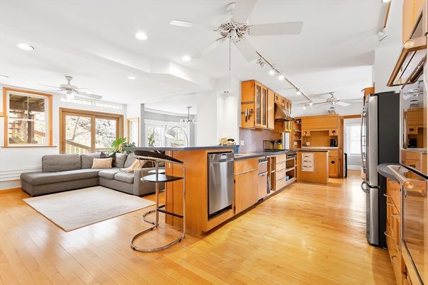 Interior, Kitchen, Living room, Recessed Lighting, Wood Texture Flooring