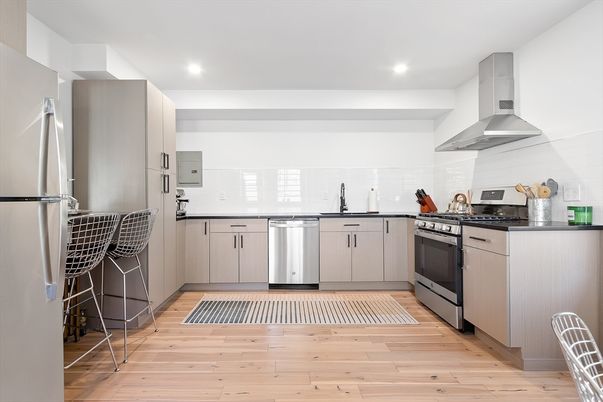 Interior, Kitchen, Recessed Lighting, Stainless Steel Appliances, Wood Texture Flooring