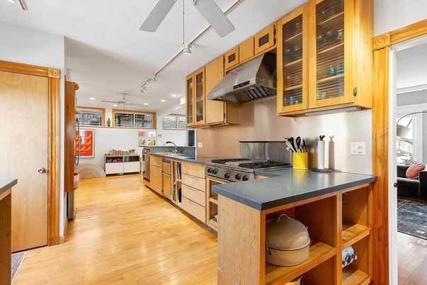 Interior, Kitchen, Recessed Lighting, Stainless Steel Appliances, Wood Texture Flooring